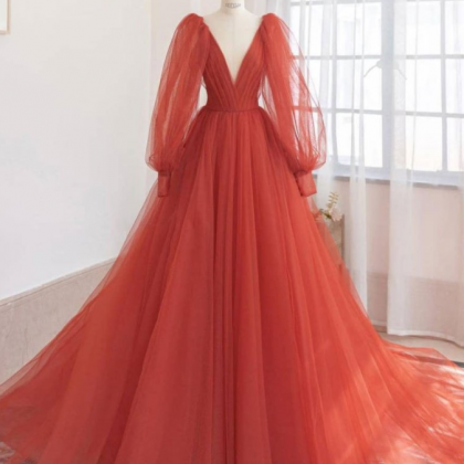 Orange V Neck Tulle Long Prom Dress, Orange..