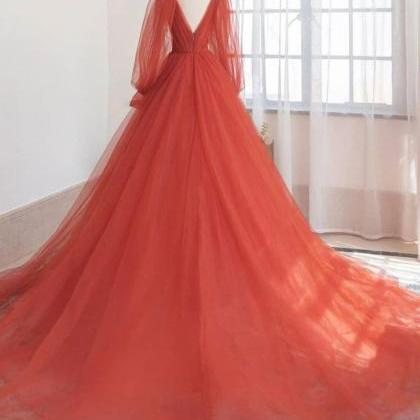 Orange V Neck Tulle Long Prom Dress, Orange..