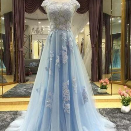 Tulle A-line Prom Dresses,cap Sleeves Evening..