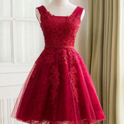 Burgundy Lace Tulle Short Prom Dress, Burgundy..
