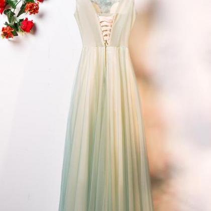 Green Round Neck Tulle Lace Long Prom Dress, Green..