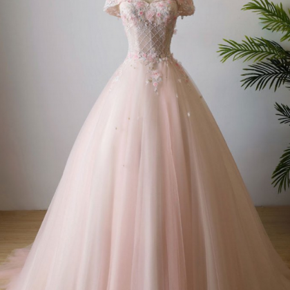 Pink Off Shoulder Tulle Lace Long Prom Dress, Pink..
