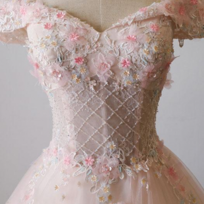Pink Off Shoulder Tulle Lace Long Prom Dress, Pink..
