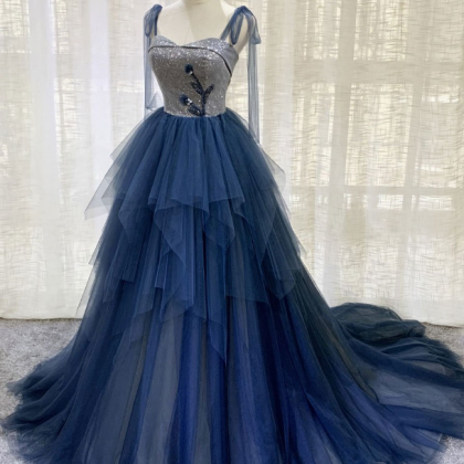 Dark Blue Tulle Lace Long Prom Dress, Blue Tulle..