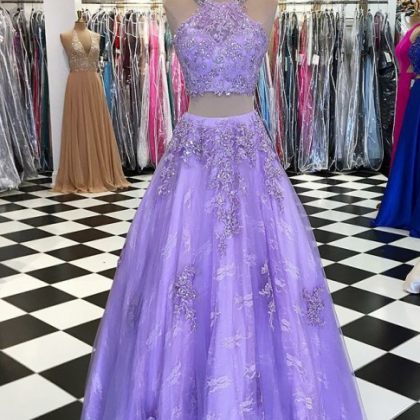 Exquisite Scoop Two Pieces Lavender Lace Prom..