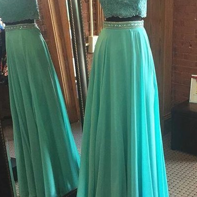 Green Chiffon Waist Beaded Prom Dresses Long..