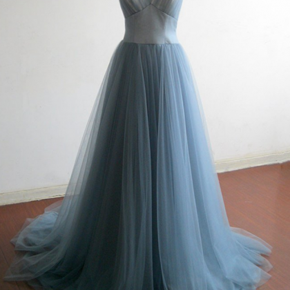 Elegant Grey Blue Tulle Long Prom Dress,v Neck..