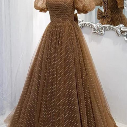 Brown Short Sleeve Long Formal Dress With White..
