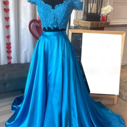 Blue Two Pieces Lace Satin Long Prom Dress Lace..