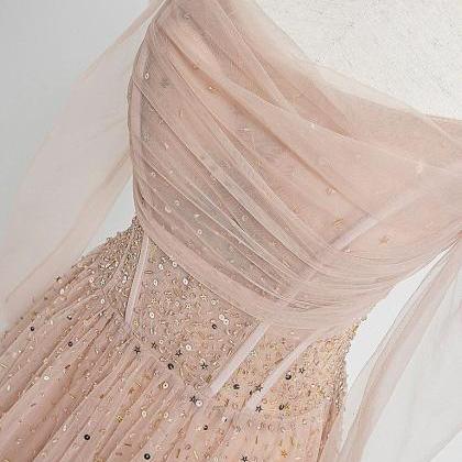 Champagne Tulle Sequin Long Prom Dress Champagne..