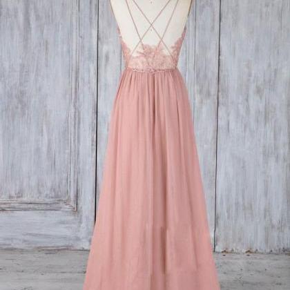 Pink Chiffon Lace Long Prom Dress Pink Lace..