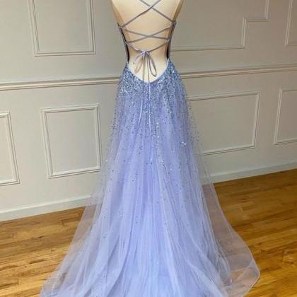 Purple Tulle Sequin Long Prom Dress Sequin Evening..