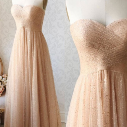 Champagne Sweetheart Tulle Sequin Beads Long Prom..