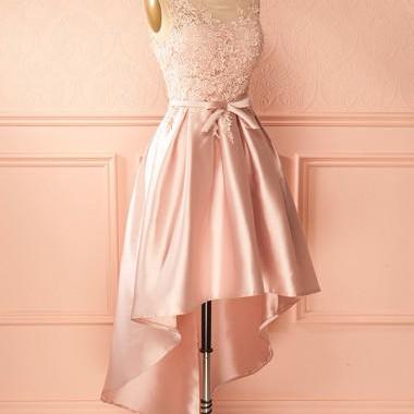 Pink Lace High Low Homcoming Dress, Simple Pink..