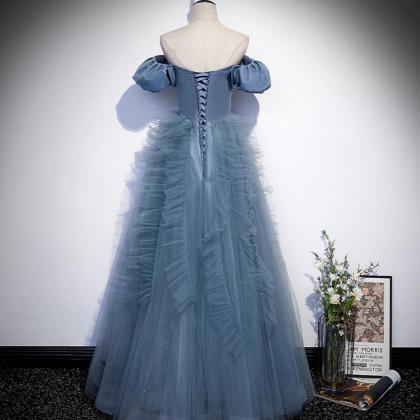 Blue Satin Tulle Long Prom Dress Blue Evening..