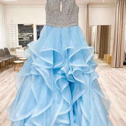 Blue Round Neck Tulle Sequin Long Prom Dress Blue..