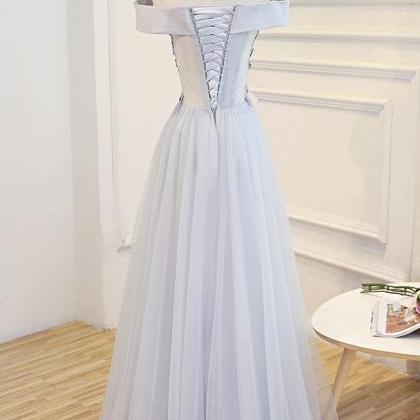 Gray Tulle Off Shoulder Lace Long Prom Dress Gray..