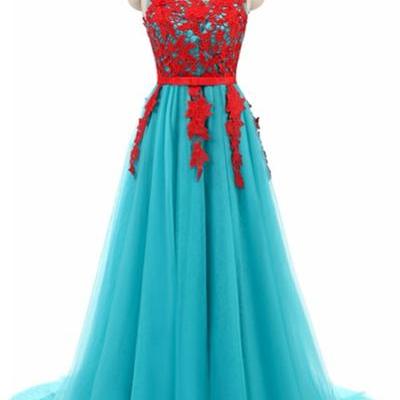 Blue Tulle Long Red Lace Round Neckline Evening..