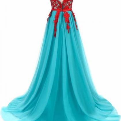 Blue Tulle Long Red Lace Round Neckline Evening..