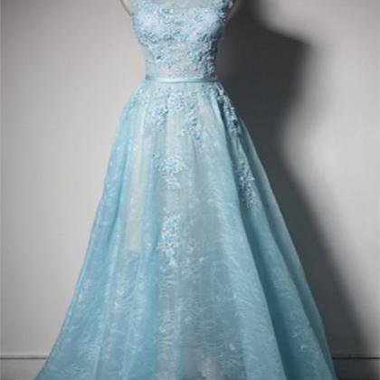 Prom Dresses,iace Blue Lace Round Neck Customize..