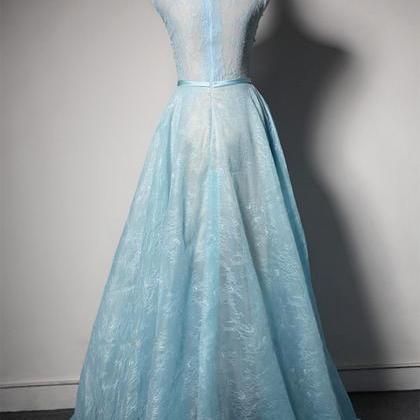 Prom Dresses,iace Blue Lace Round Neck Customize..