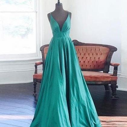 Prom Dresses, Simple V Neck Green Long Backless..