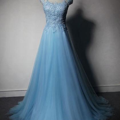 Pretty Light Blue Tulle Long Prom Dress With Lace..