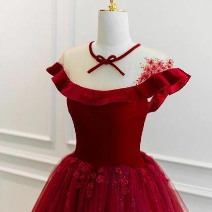 Prom Dresses,burgundy Round Neck Tulle Lace Long..