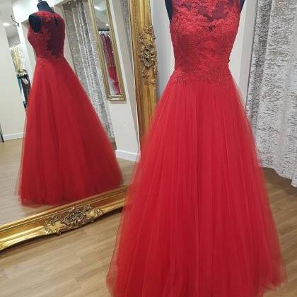 Red Tulle Lace Long Formal Prom Gowns