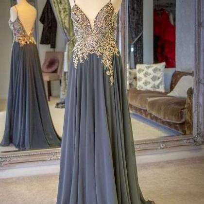 Charcoal Gray Lace Beads Chiffon Long Prom Dress,..