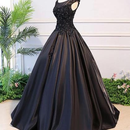 Prom Dresses,black Round Neck Lace Long Prom..