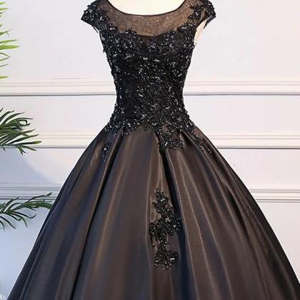 Prom Dresses,black Round Neck Lace Long Prom..