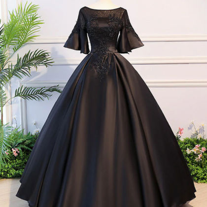 Prom Dresses,black Round Neck Satin Lace Long Prom..