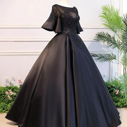Prom Dresses,black Round Neck Satin Lace Long Prom..