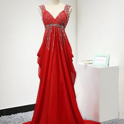 Red Backless Prom Dress,long Elegant Chiffon..