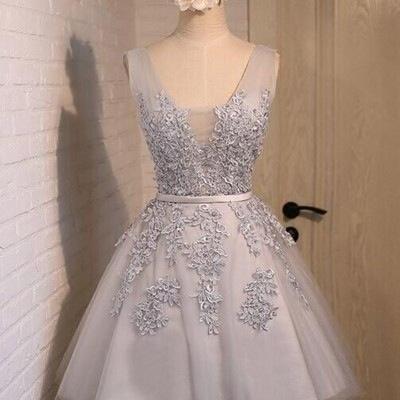 Sexy Short Silver V Neck Tulle Prom Dress ,..
