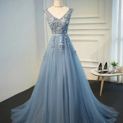 Prom Dresses,a Line V Neck Tulle Lace Long Prom..
