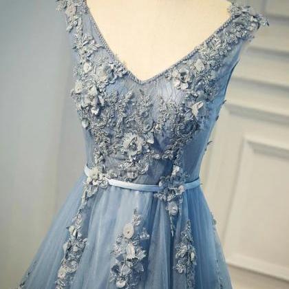Prom Dresses,a Line V Neck Tulle Lace Long Prom..