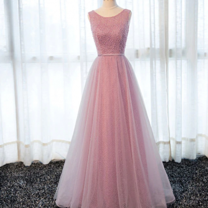 Prom Dresses,a Line Round Neck Tulle Long Prom..