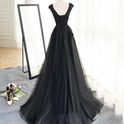 Prom Dresses,black A Line Tulle Lace Long Prom..