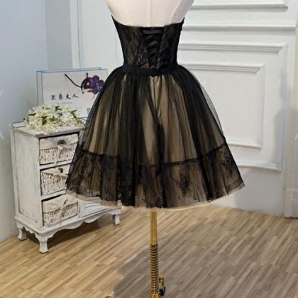 A Line Black V Neck Lace Up Homecoming Dresses,..