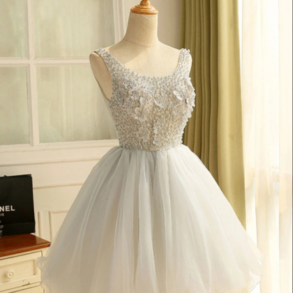 Cute A Line Tulle Pearl Short Prom Dress,..