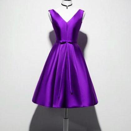Elegant V-neckline Satin Purple Short Prom Dress,..