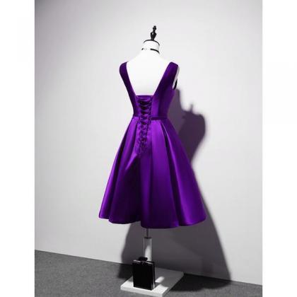 Elegant V-neckline Satin Purple Short Prom Dress,..