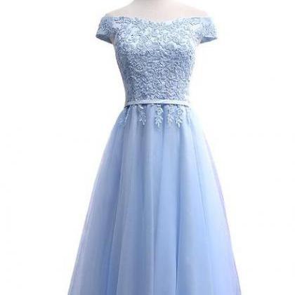 Light Blue Tea Length Off Shoulder Party Dress,..