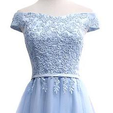 Light Blue Tea Length Off Shoulder Party Dress, Blue Bridesmaid Dress ...