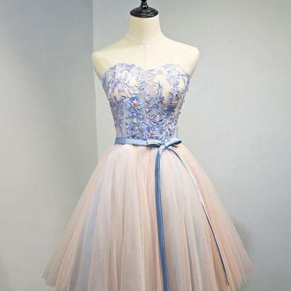 Pink Sweetheart Neck Lace Tulle Short Prom..