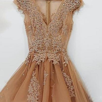 Champagne Tulle Short Homecoming Dress,cap Sleeve..