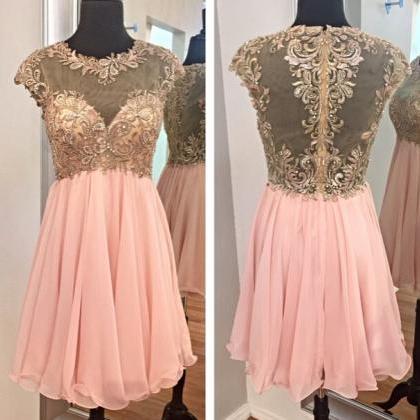 Pink Chiffon Short Homecoming Dresses, Beaded..