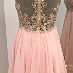 Pink Chiffon Short Homecoming Dresses, Beaded..